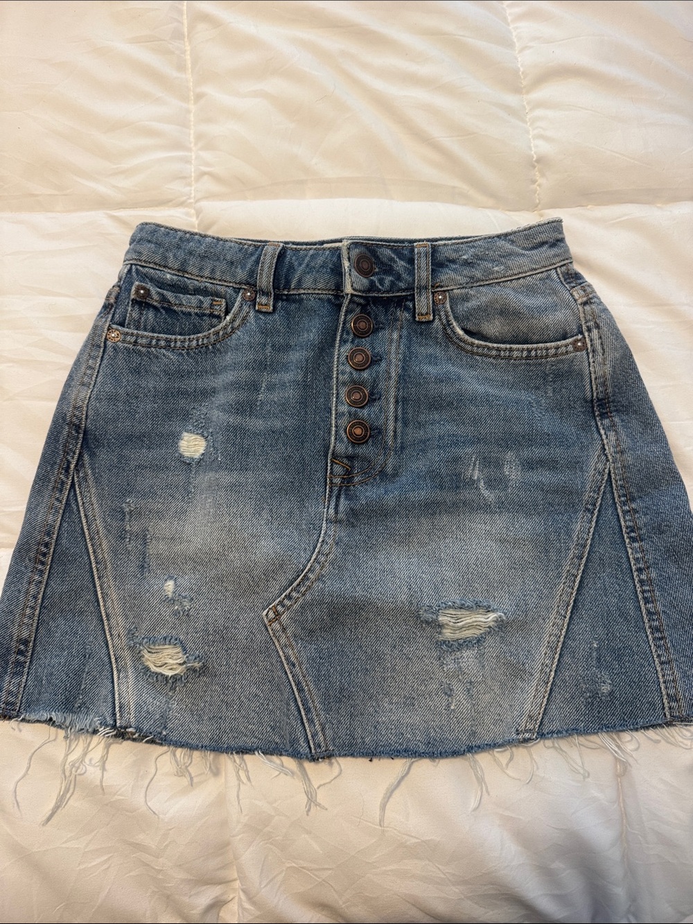 We The Free Light Blue Distressed Button-Front Denim Mini Skirt